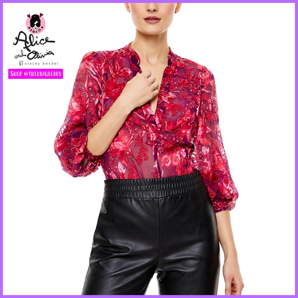 Alice + Olivia Sheila Henley Red Boysenberry Floral Print Top | Blouse